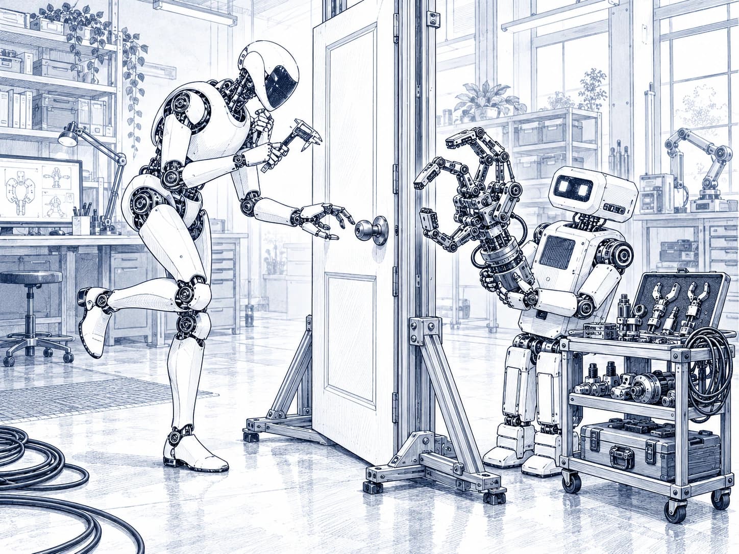 The ATOMS robot mascots overengineering a simple doorknob test in their robotics lab.