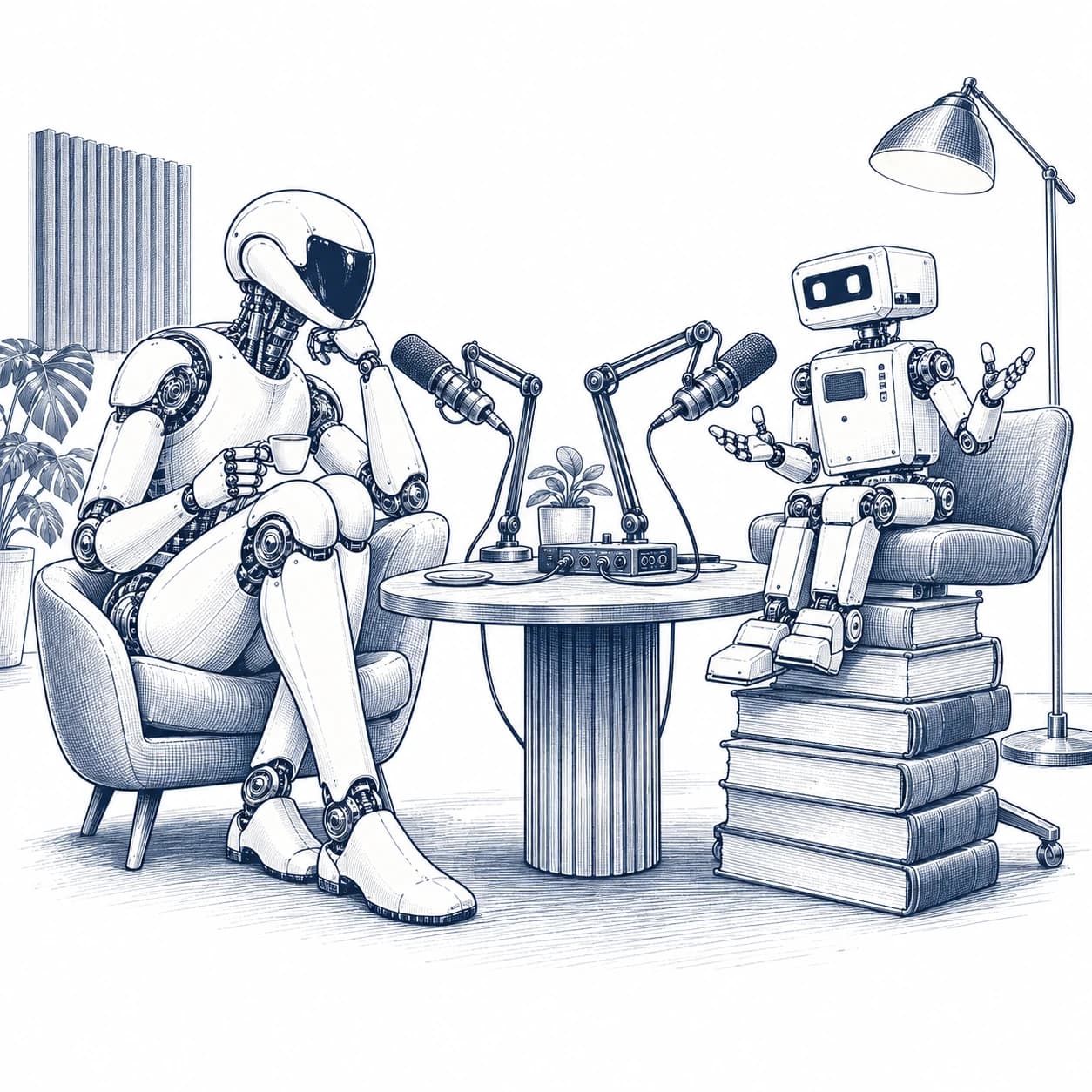 The ATOMS robot podcasters in mismatched chairs, with the smaller host raised on a stack of engineering books.