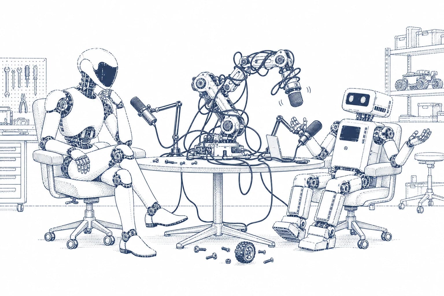 Budera's robot hosts calmly recording while their prototype tangles itself in microphone cables.