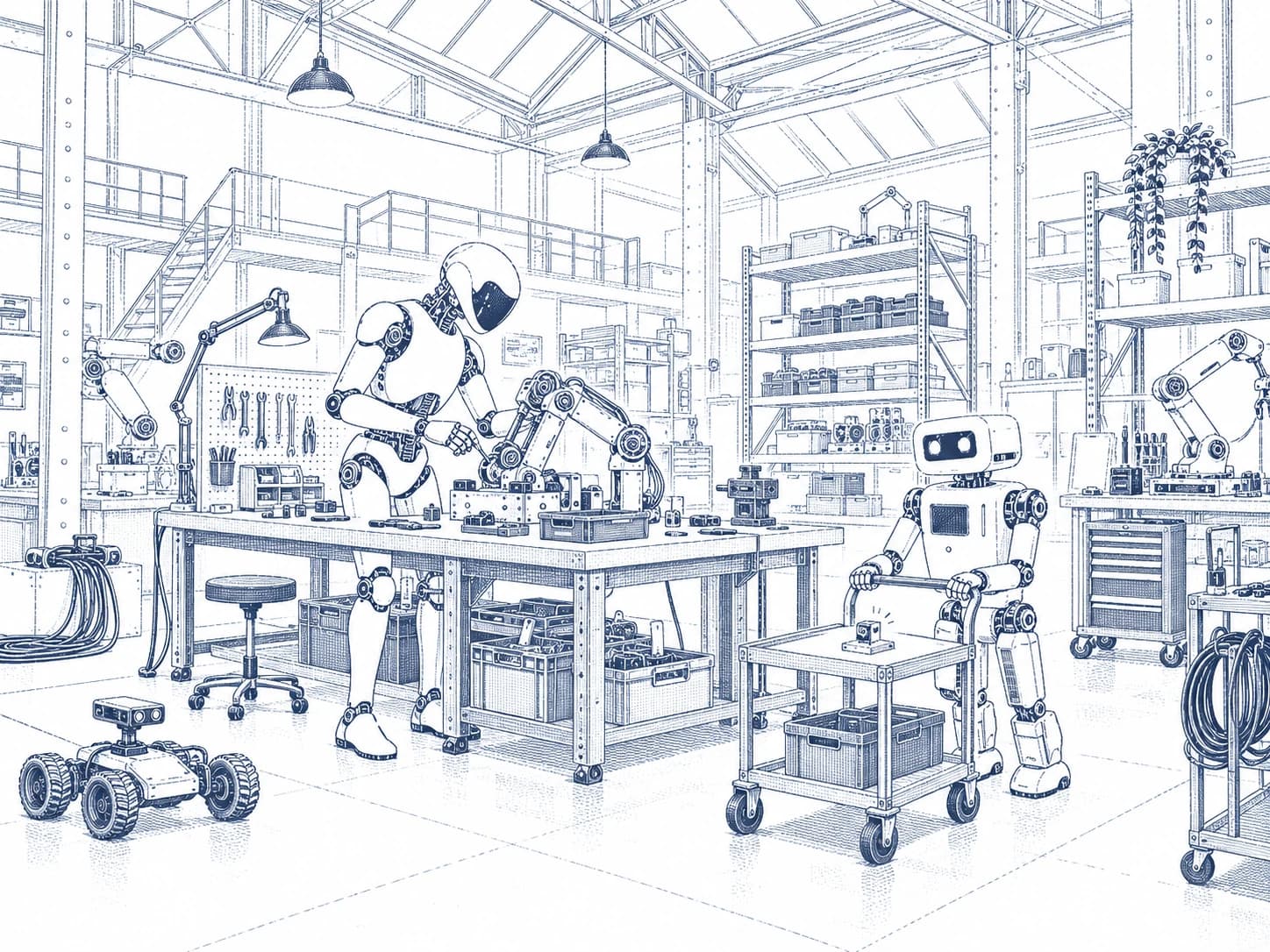 Budera's robot mascots building and testing prototypes inside a warehouse robotics lab.